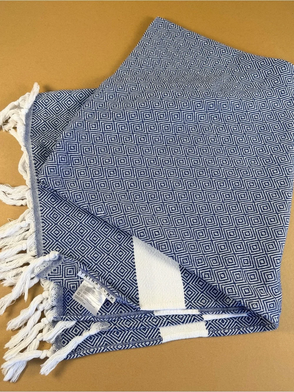 Trina Turk Woven Shawl/Towel Knotted Fringe Blue White Stripe Geometric 36x66